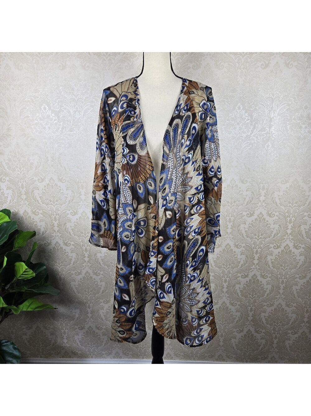 Unbranded Size 2XL Sheer Open Front Kimono Colorful Feather Pattern Flare Sleeve